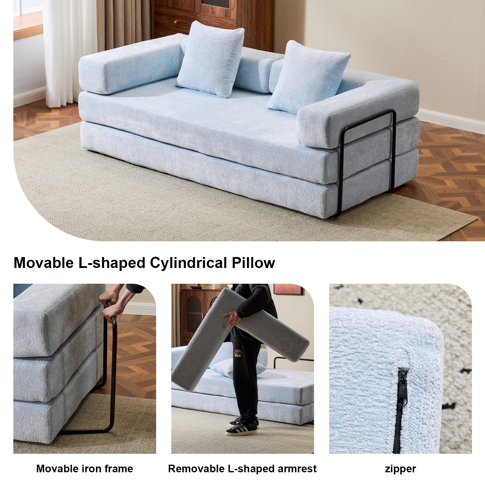 Miniyam 4 in 1 Convertible Floor Sofa Bed, Chenille Floor Couch with Armrest, Pillow for Living Room, Sky Blue