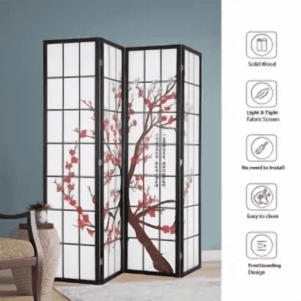 CL.HPAHKL 6Ft Tall 4 Panel Oriental Shoji Screen Room Divider, Portable Freestanding Partition Screen, Folding Privacy Divider With Oil Canvas for Room Separation, Dressing, Plum Blossom