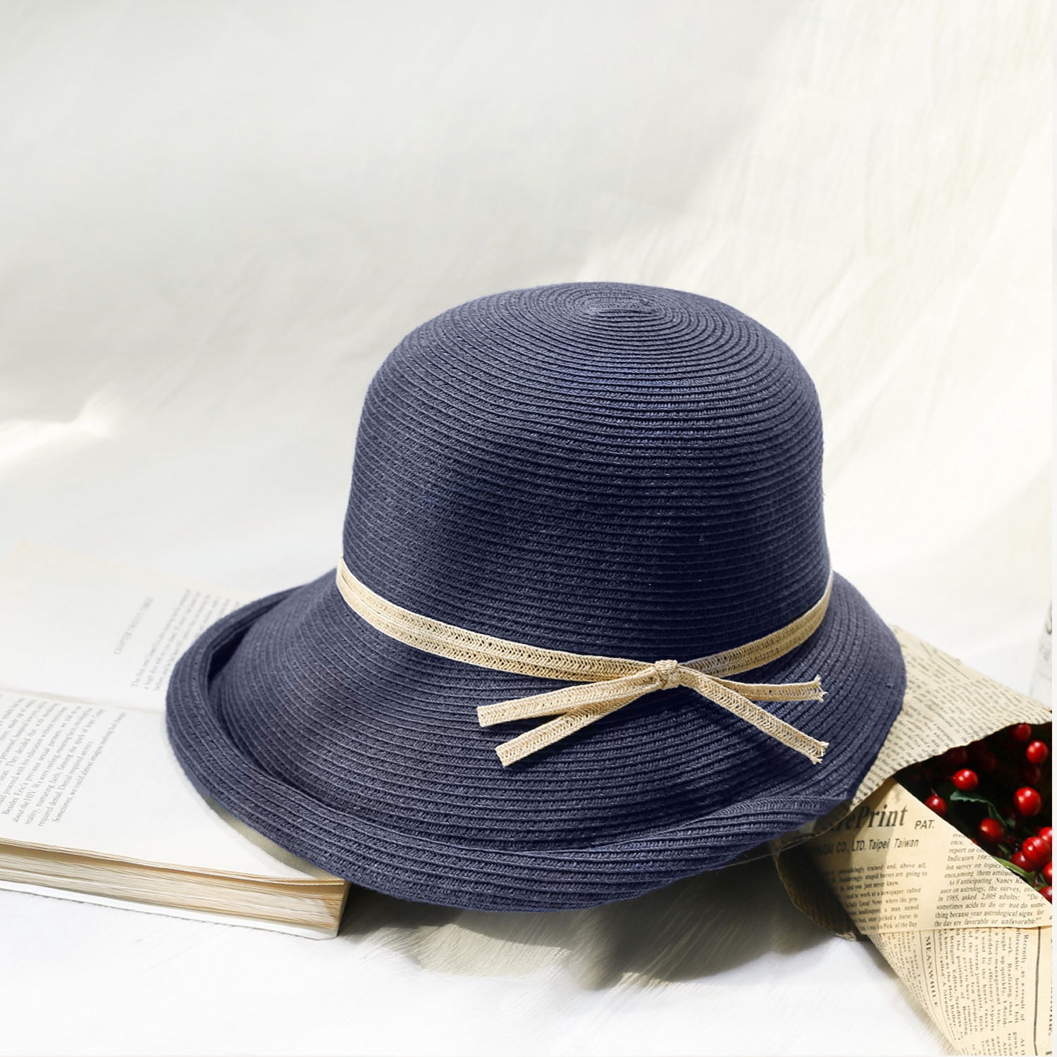 French Straw Bonnet Cap for Women Victorian Sun Hat Chin Strap Foldable