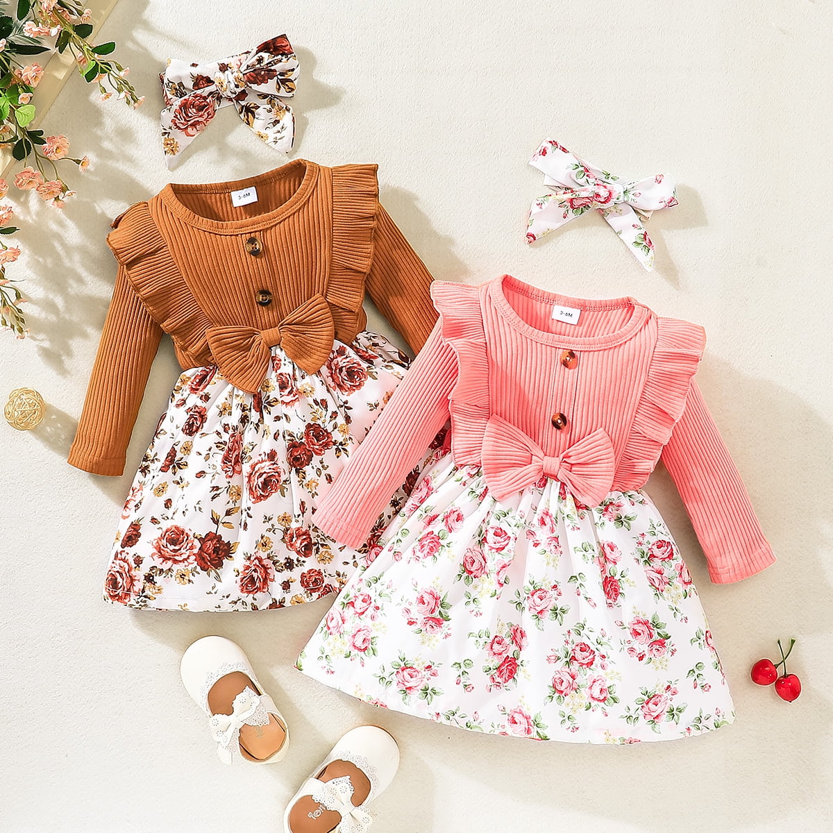 2pcs Baby Girl 95% Cotton Ribbed Bowknot Splicing Floral Print Sleeveless Romper with Headband Set