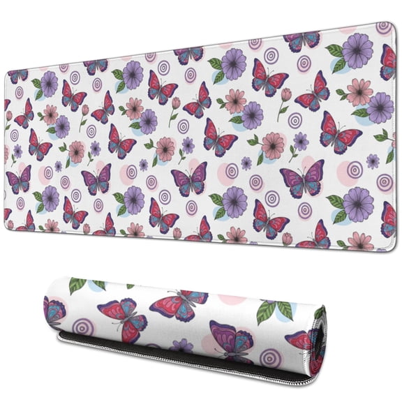 31.5x11.8 Inch Gaming Mouse Pad, Non-Slip Stitched Rubber Desk Mat for Desktop & Laptop,Butterfly Floral Swirl White Pattern