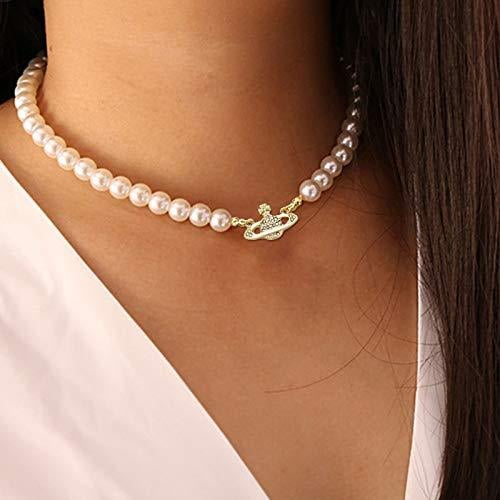 rhinestone planet faux pearl necklace