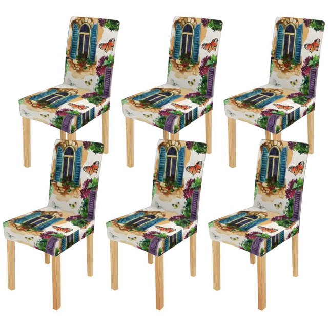 ABPHQTO Ventana con flores, piedras de ladrillo y mariposa, funda protectora para silla, funda protectora para asiento, para comedor, Hotel, fiesta de boda, juego de 6