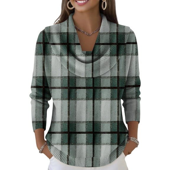 Kixjoy Cowl Neck Sweater for Women Long Sleeve Casual Fashion Knit Sweater Petite Lightweight Plaid Tops Fall Cozy Vacation Womens Tops, Army Green S