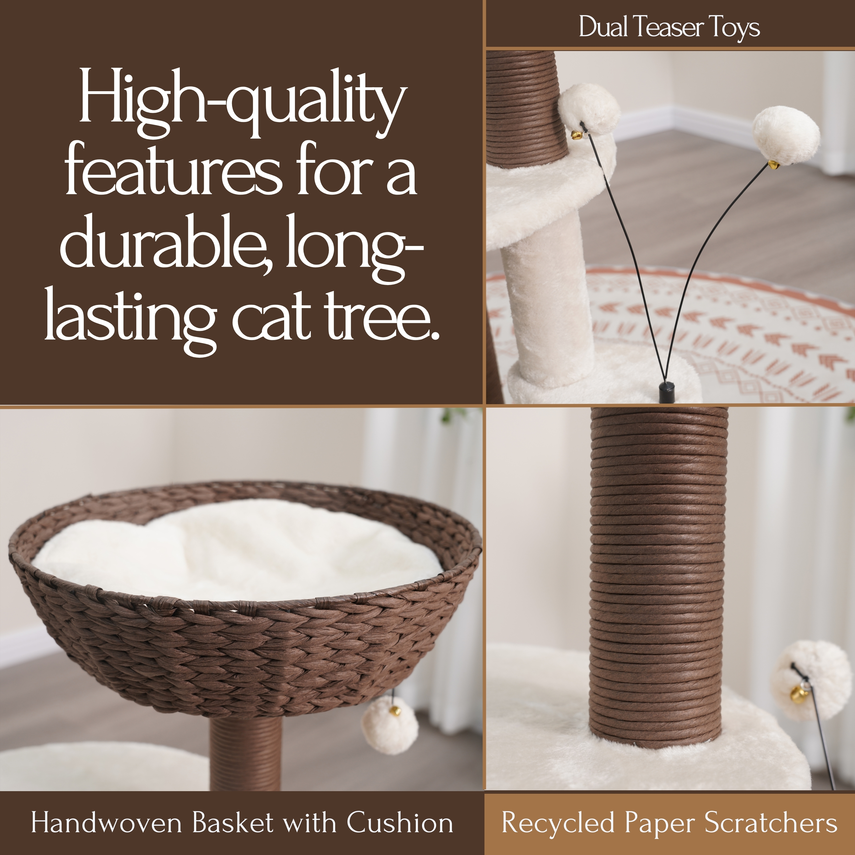 PetPals 35"H 5-Lvl Cat Tree with Handwoven Nest Bed Plush Pads and Paper Rope Scratching Posts