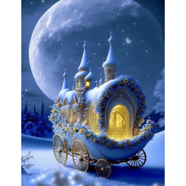 5D Snow House Full Diamond Mosaic Snow Wagon Castle Dream Scenery New Arrival Diamond Painting Embroidery Cross Stitch X1018Round 50X70cm Gao Jinjia LED