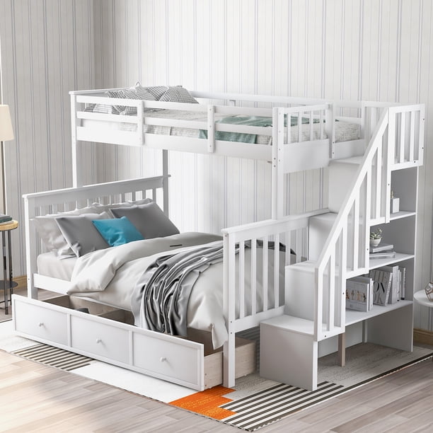 Bunk Bed Twin Over Full With Staircase & Trundle - Grey Wooden Frame ...