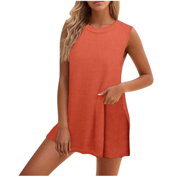 Bixock Women's Knitted 2 Piece Set,Tank Top Shorts Outfits,Solid Color Knit Loose Crew Neck Tank Top Leisure Outfit Set