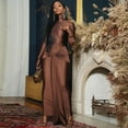 thumbnail image 4 of Women's Turtleneck Long Sleeve Pleated Lace-up Long Dress & Ribbons, Solid Color, 2pcs Set, 4 of 25