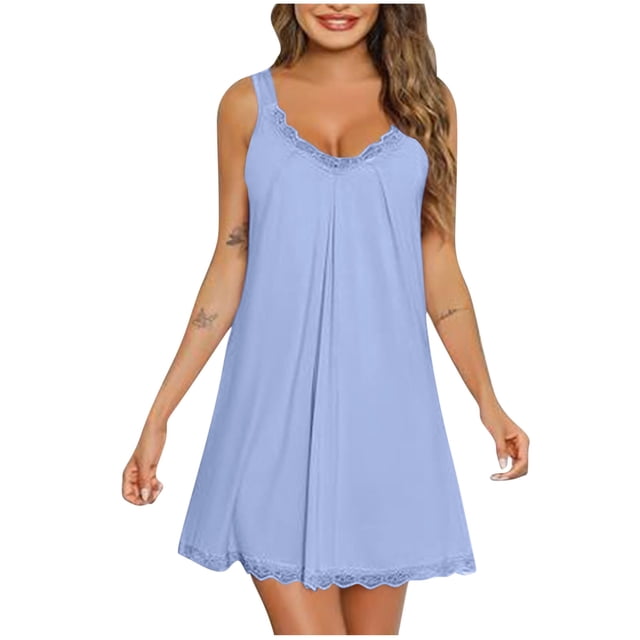 Ohufall Chemises de Nuit pour Femmes Col en V Robe de Pyjama Ample Sans Manches Douce Fine Dentelle Robe de Nuit
