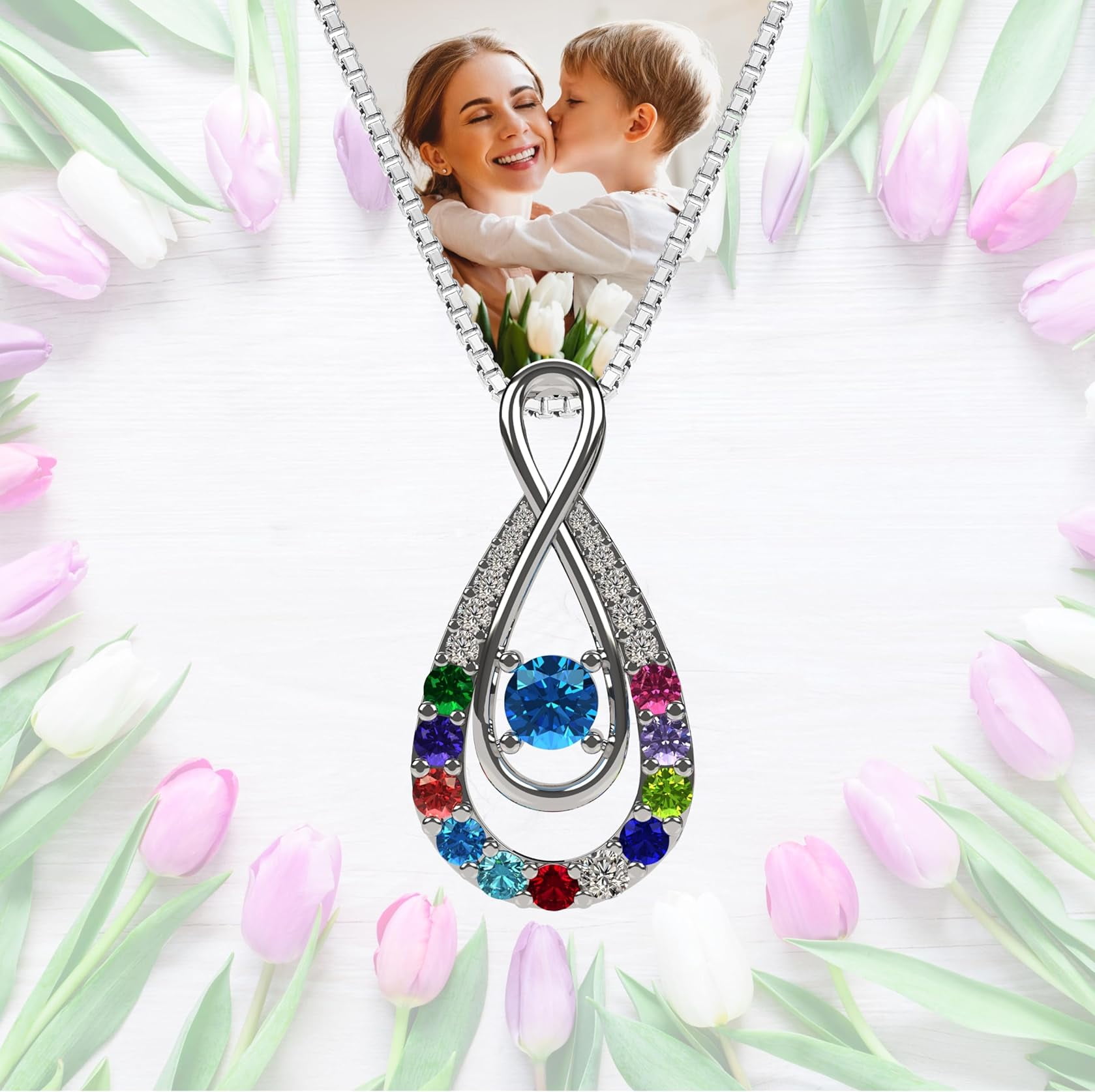Nana Yours Infinity 1-12 Birthstone Necklace Mother & Child w/1.00mm Chain for Women - 10K Rose Gold