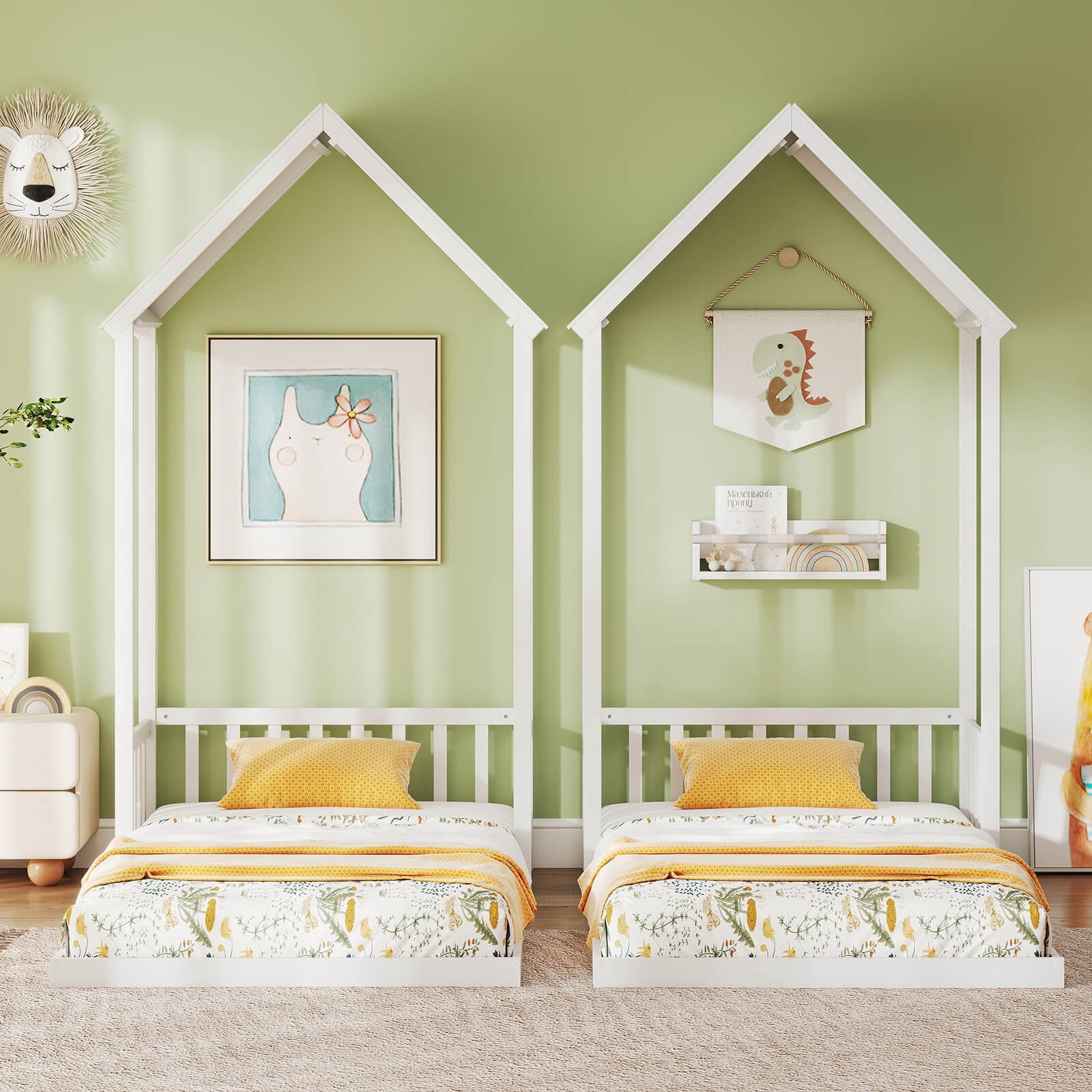 Costway Twin Size House Bed Montessori Floor Bed with House Shape Roof & Semi-Fence White