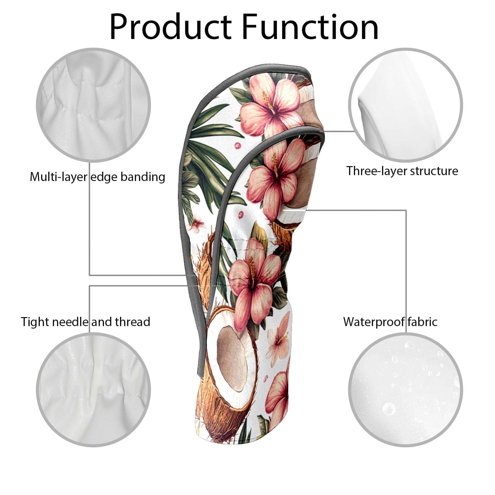 Golf Club Covers PU Leather Waterproof Head Covers for Fairway Woods Hybrids Coconut Flowers