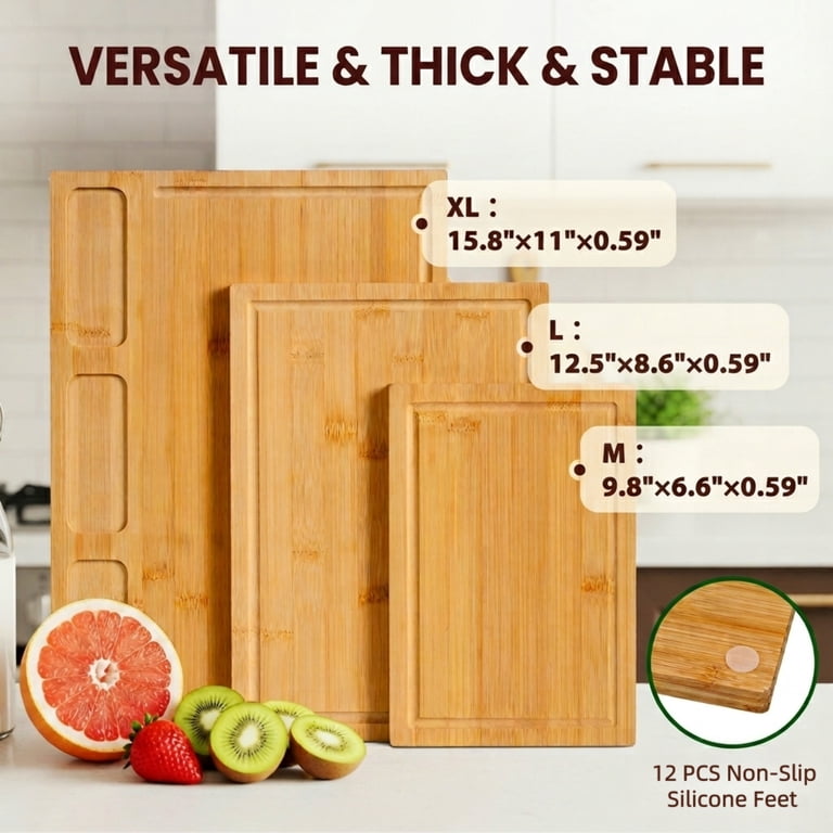 Kikcoin Cutting Board Set of 3, Bamboo Chopping Boards for Kitchen