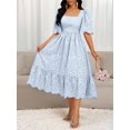 thumbnail image 6 of Blue Eyelet Embroidery Square Neck Short Sleeve A-Line Midi Dress With Scallop Hem, 6 of 7