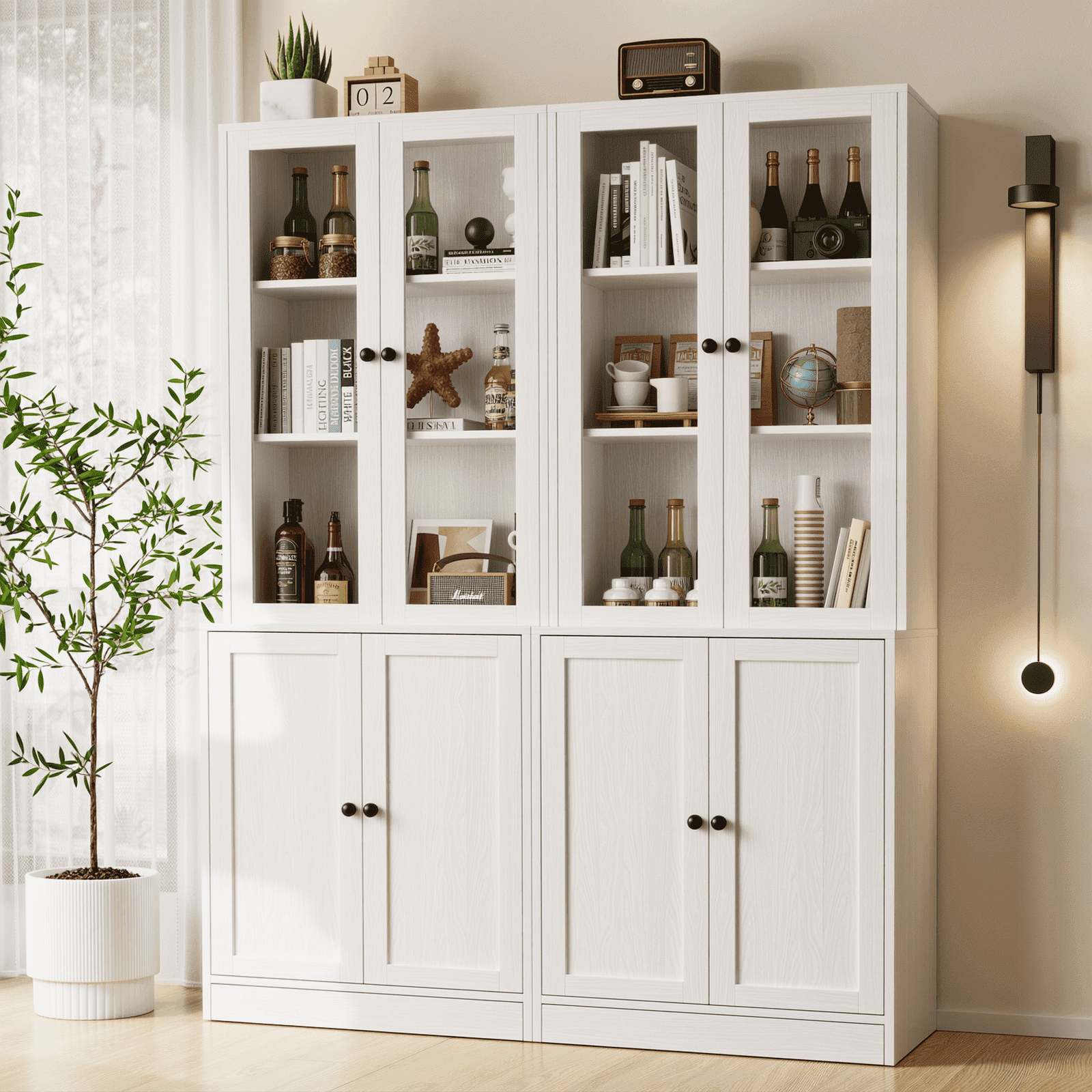 RichYa 4Pcs Kitchen Pantry Storage Cabinet,Modular Furniture Cabinets with Display Glass Doors,Hutch Buffet Cabinet with Shelves for Dining Room,White