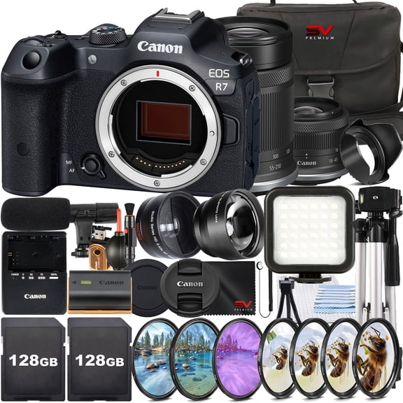 Canon EOS R7 Mirrorless Camera with RF-S 18-45mm 55-210mm Lens 2 Pack SanDisk 128GB Memory Card Case LED Flash SV Premium Accessory Bundle (International Version)