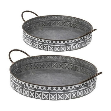 18 20 Inch Set of 2 Round Serving Trays with Handles Galvanized Gray Iron