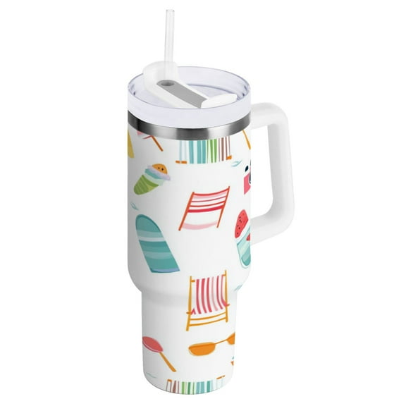 Stainless Steel Tumbler with Straw and Handle, Double Wall Insulated Tumblers, Summer Pattern