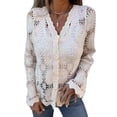thumbnail image 3 of Cutout Embroidered V-Neck Button Long Sleeve Top, Hollow Half Sleeve Cardigan Apricot S, 3 of 8