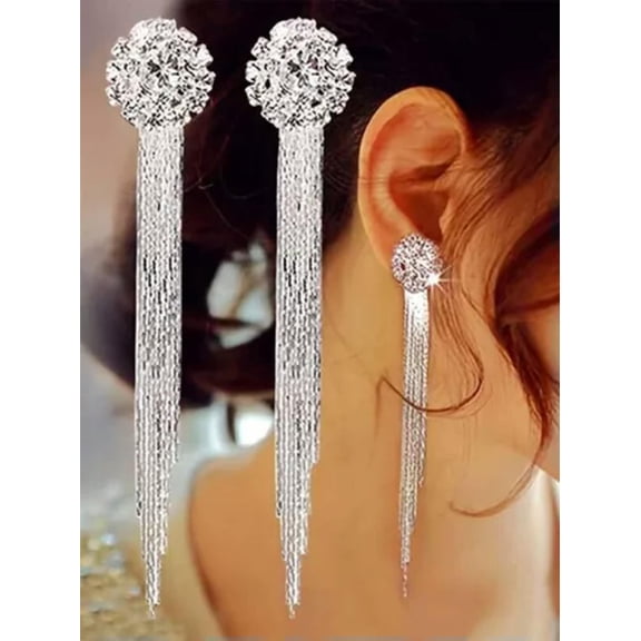 K-KED Shiny Silver Fringe Tassel Earrings Drop Dangle Prom Pageant Wedding