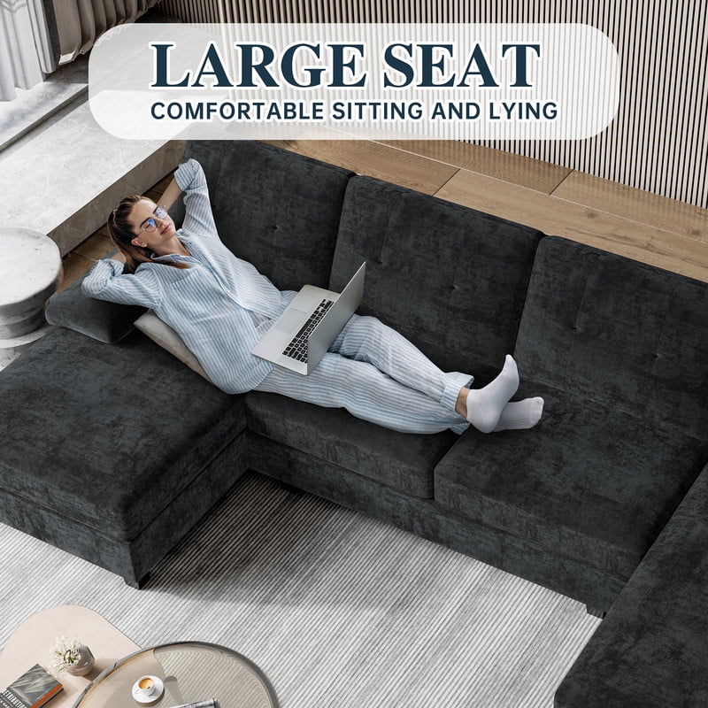 Walsunny U-Shaped Sectional Sofa Couch, 4 Seat U Shaped Oversized Clearance Sofa Set with Double Chaise for Living Room, Black