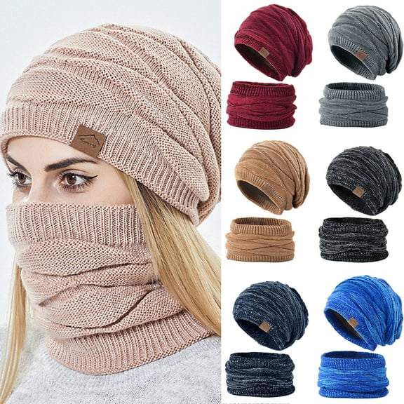 D-GROEE 2Pcs/Set Unisex Solid Color Knit Beanie and Scarf Set Woolen Yarn Men Women Lightweight Hat Warm Winter