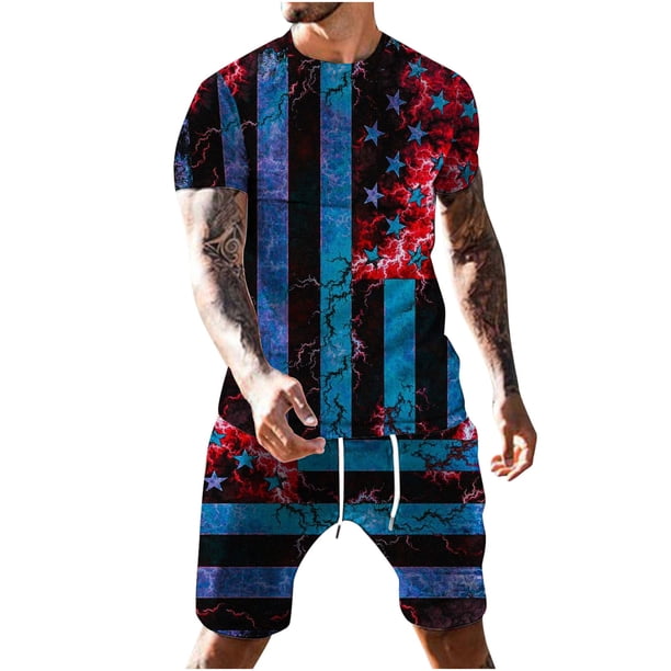 Hombres Casual Cuello redondo Día de la Independencia Impresión Blusa de manga corta y pantalones cortos Pantalones Traje de dos piezas Pompotops oipoqjl35719