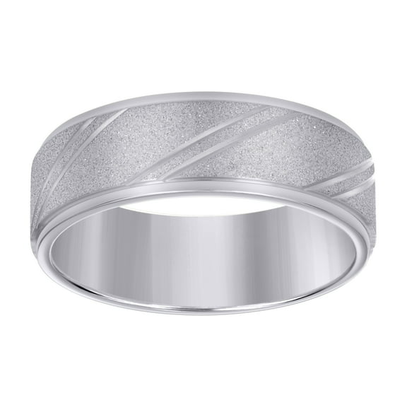 Stainless Steel Men's Comfort Fit Diagonal Groove Stone Finish Inlay Silver 8mm Wedding Band | Size 9