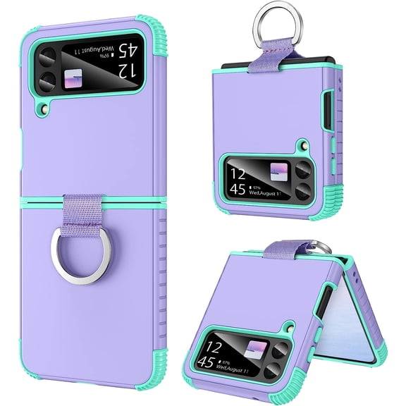 for Samsung Galaxy Z Flip 3 Case 5G Case, Heavy Duty 2 in 1 Full Body Rugged Shockproof Protection Cover with Ring Women Men Covers for Galaxy Z Flip 3 6.7”, Purple/Mint