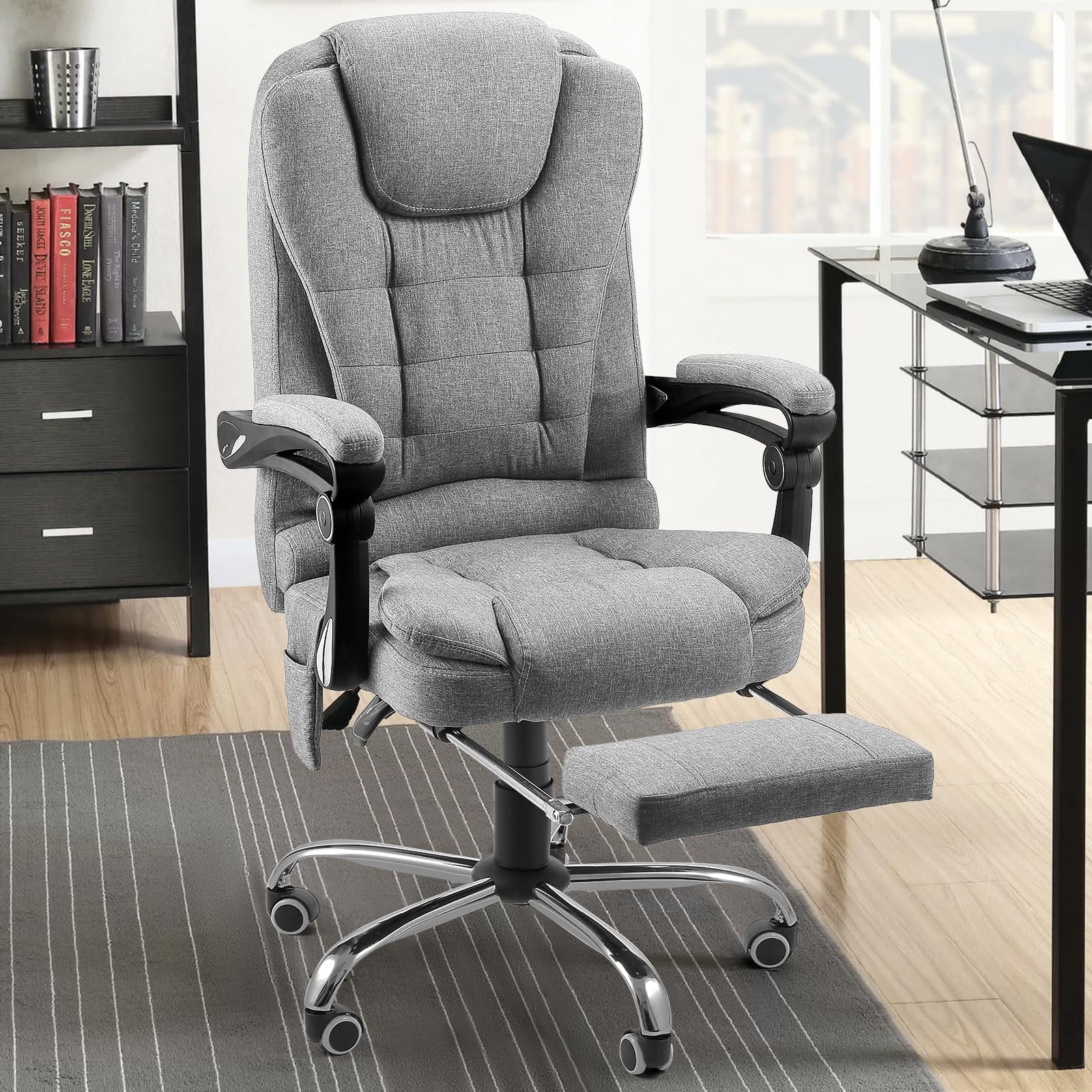 AECOJOY Ergonomic Office Chair with Heat &7 Points Massage High Back Desk Chair w/Retractable Footrest, Executive Swivel Fabric Reclining Chair for Office, Home, Study, Grey
