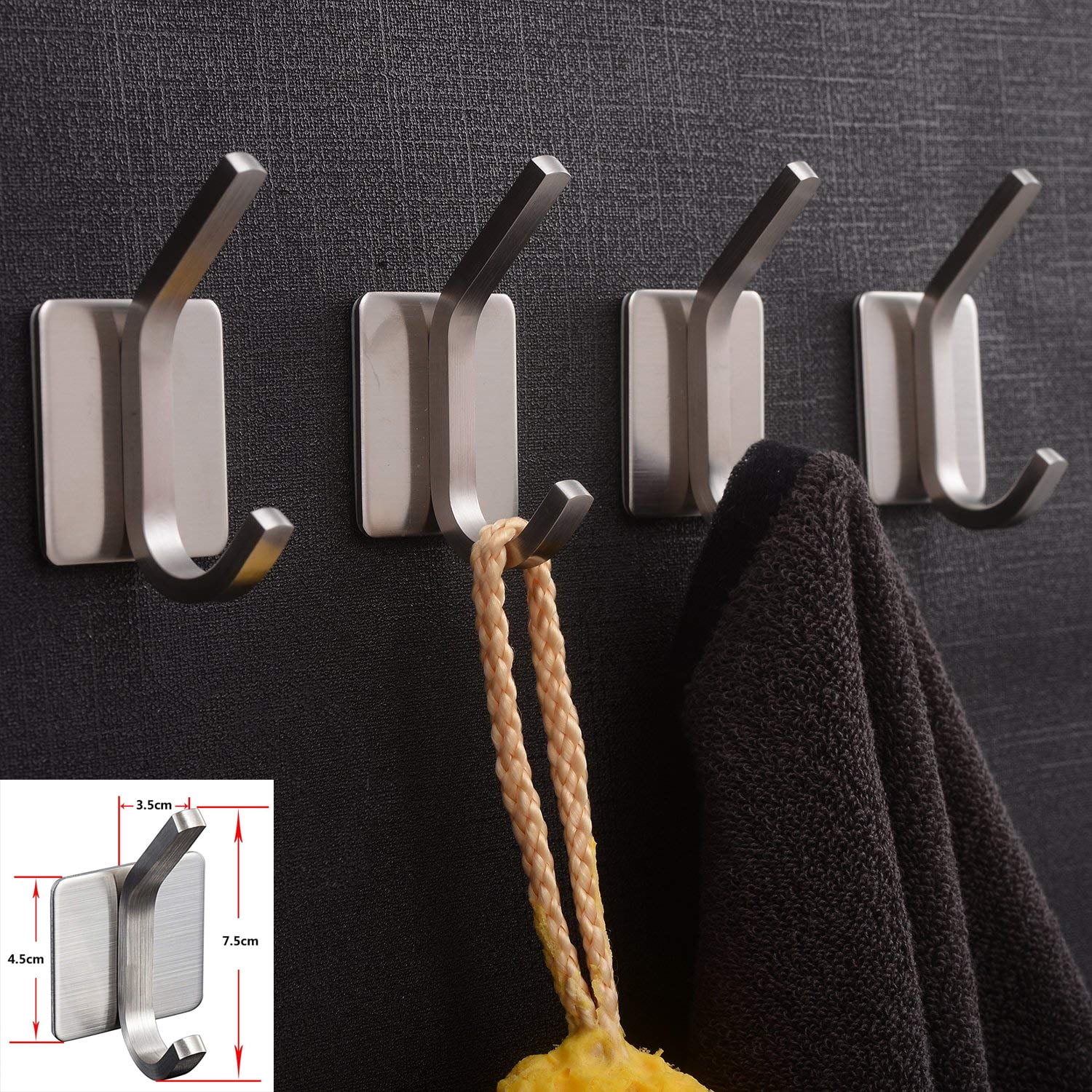 Innoam Robe Towel Hooks Waterproof 3M Self Adhesive Brushed Stainless Steel Wall Durable Hook for Bathroom Kitchen 4-Pack 
