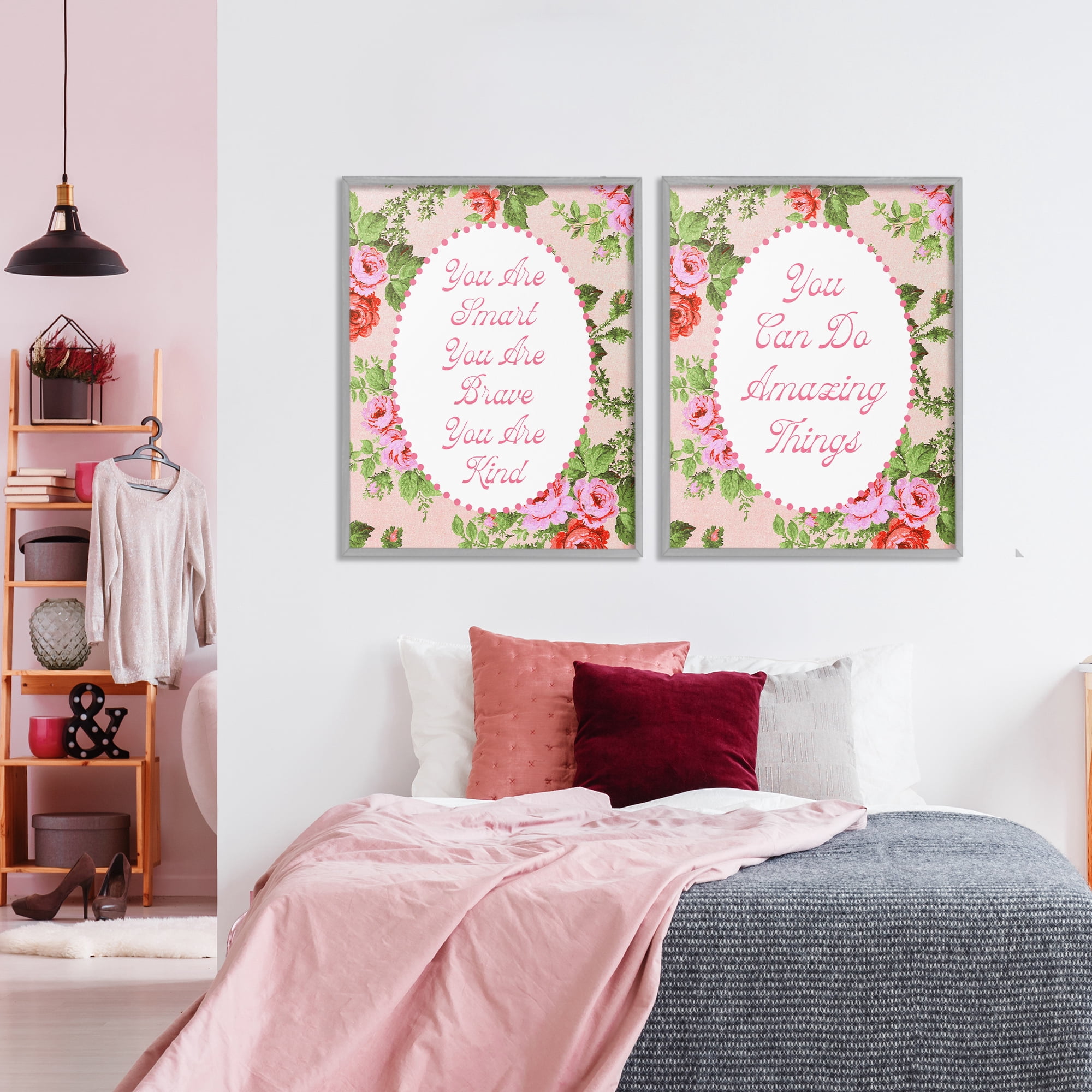 Stupell Industries Inspirations with Vintage Florals 2 Piece Gray Framed Giclee Art Set, design by Lil' Rue