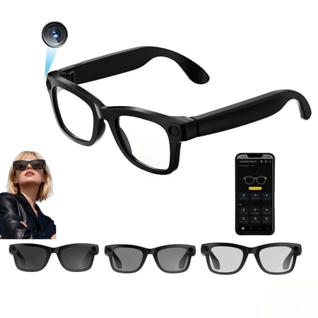 AI Smart Glasses with Camera & Electrochromic Tint Lenses, 1080P HD Video Recording Eyeglasses, AI Voice Assistant, Real-Time Translation, Bluetooth Audio Calls & Music, 8GB Storage