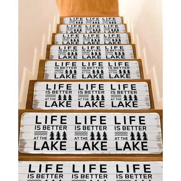 Life Is Better at The Lake Stair Treads for Wooden Steps Indoor Runner Rug Carpet, Rustic Black Artistic Aesthetics 10 Pieces Peel and Stick Staircase Step Treads Covers Washable Door Mats 30"x8"