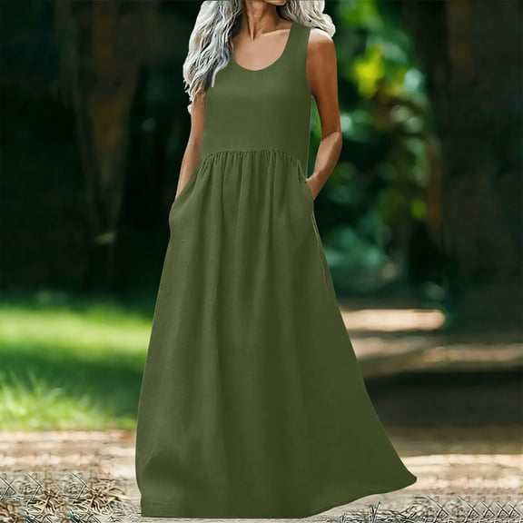 Women's Summer Maxi Dresses Plus Size Crewneck Flowy Backless Sleeveless Dress es Casual Solid Oversized Round Neck Loose Breathable Side Pockets Tank Dress