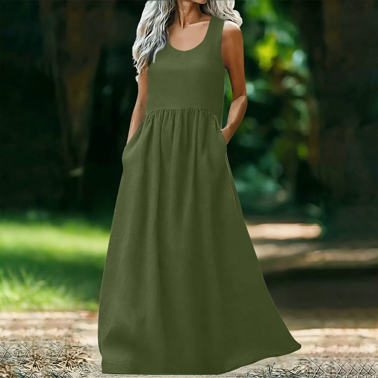 knee length dresses for ladies Women Plain Square Neck Side Pocket Linen Balloon Hem Tank Maxi Dress –  Kuggi