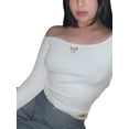 thumbnail image 5 of Women Y2k Off Shoulder T-shirt Long Sleeve Bow Slim Fit Backless Crop Tops Fairy Grunge E-Girl Tees, 5 of 7