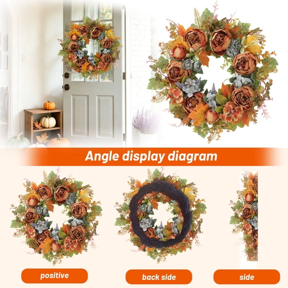 THOPBPRK Fall Wreath for Front Door with Peony & Hydrangea, Autumn Floral Wreath for Thanksgiving Decorations, Decor for Indoor Outdoor Wall Use, A