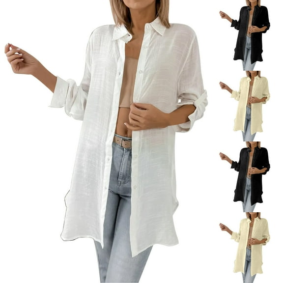 Olyvenn Womens Long Shirts Button Down Long-Sleeve Blouses Summer Fall Longline Tops Loose Fit Casual Tunic Top Yellow XXL