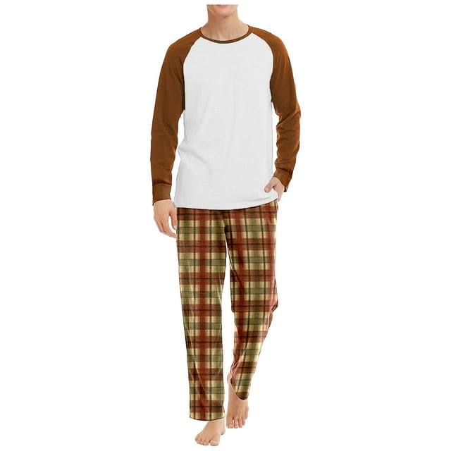 GDREDA Men's Pajama Pants and Top Set Male Autumn And Winter Inner Wear Home Raglan Sleeve Top And Plaid Print Trousers Two Piece Home Wear Suit Men's Pajama & Loungewear Coffee,S