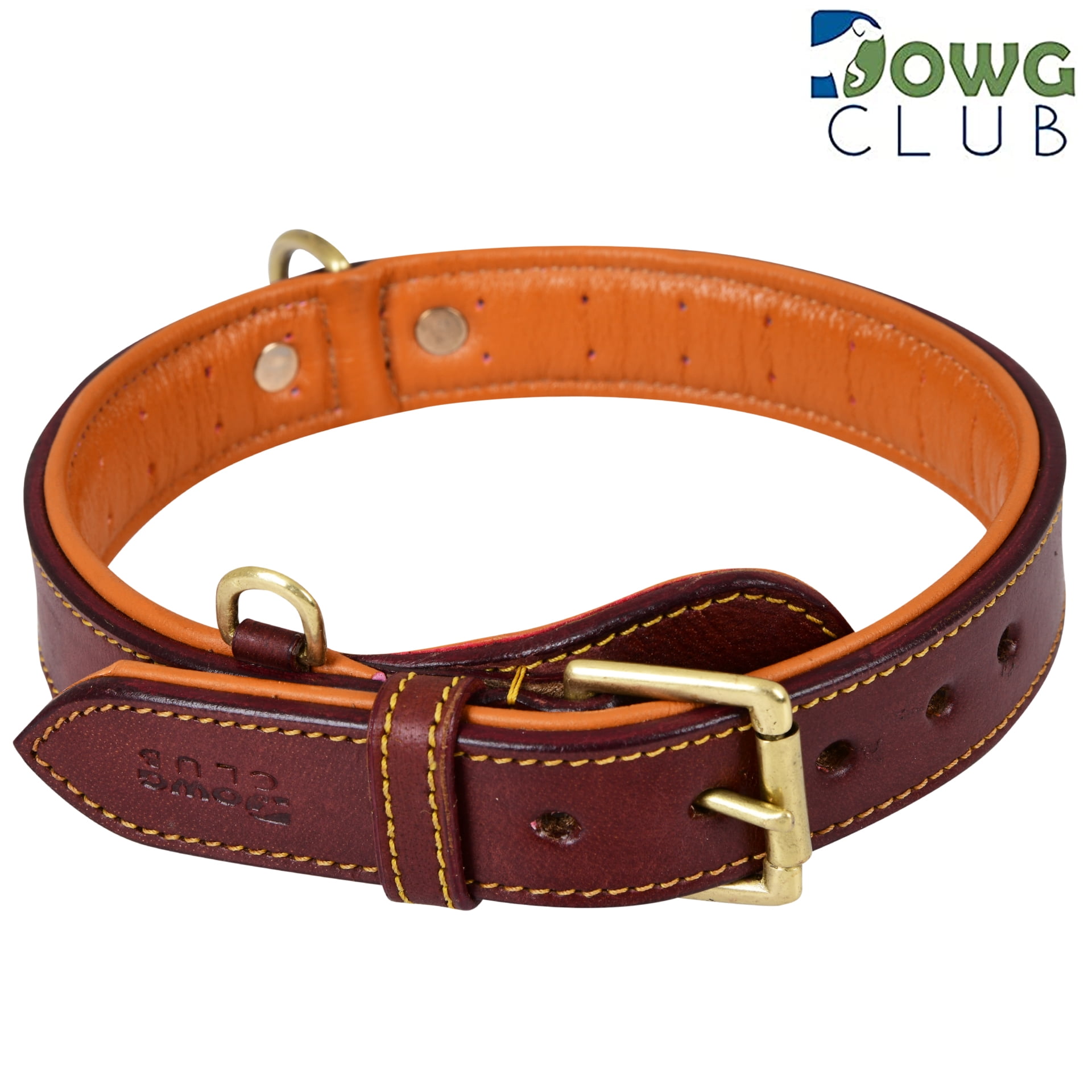 DowgClub Genuine Leather Dog Collar, Padded & Comfortable, Breathable Cushion, Heavy Duty, Handmade, Brown (Large)
