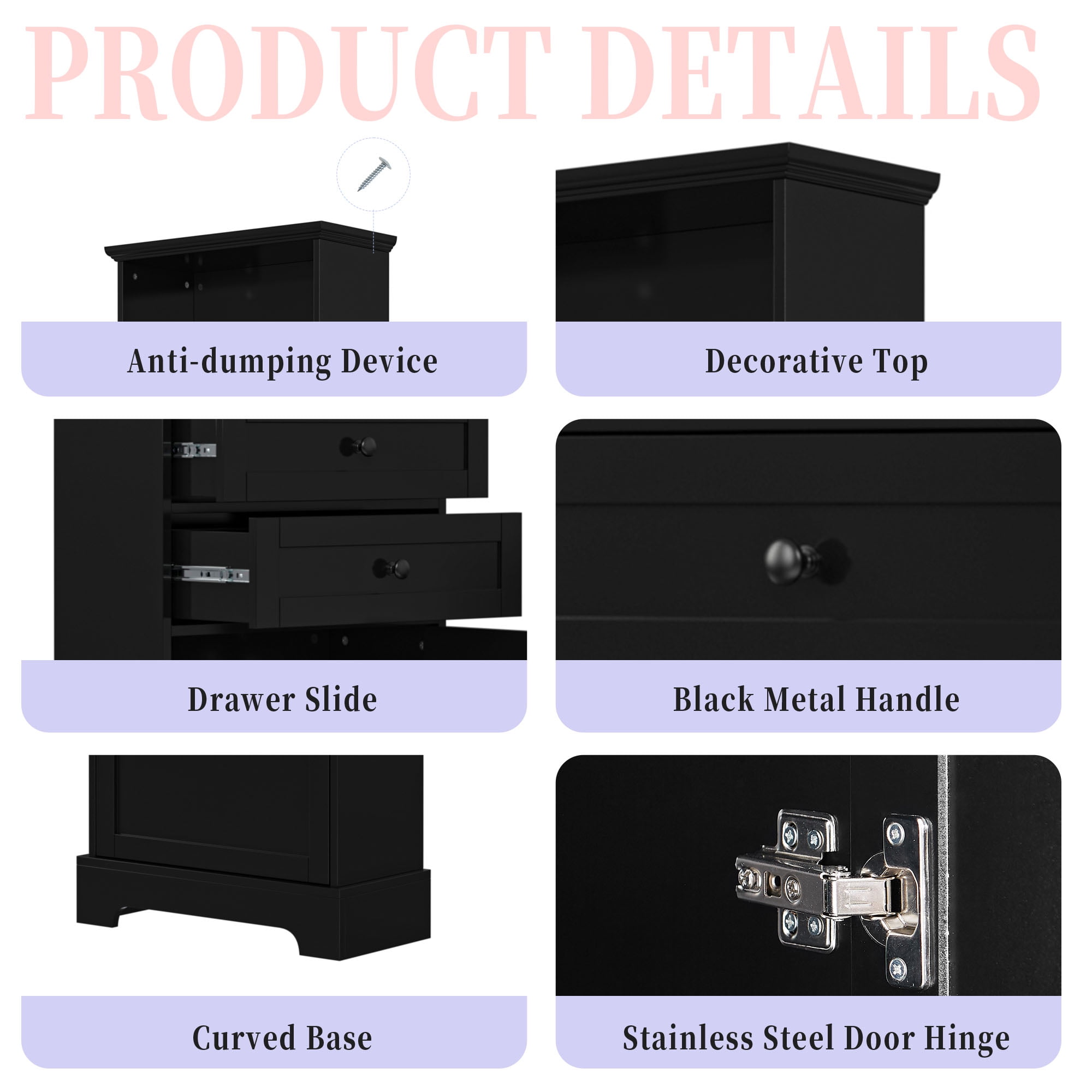 Tall Storage Cabinet with 3 Drawers and Adjustable Shelves for Bathroom