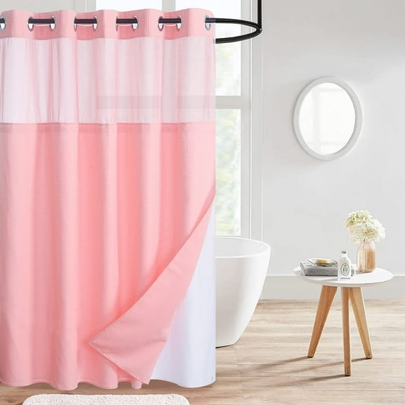 WPM No Hooks Required Blush Pink Shower Curtain with Snap-in Liner Waffle Weave Design, Hotel Style Waterproof & Washable, Mesh top Window Easy Snaphook Blush Pink Bathroom 72 inch wide x 74 inch long