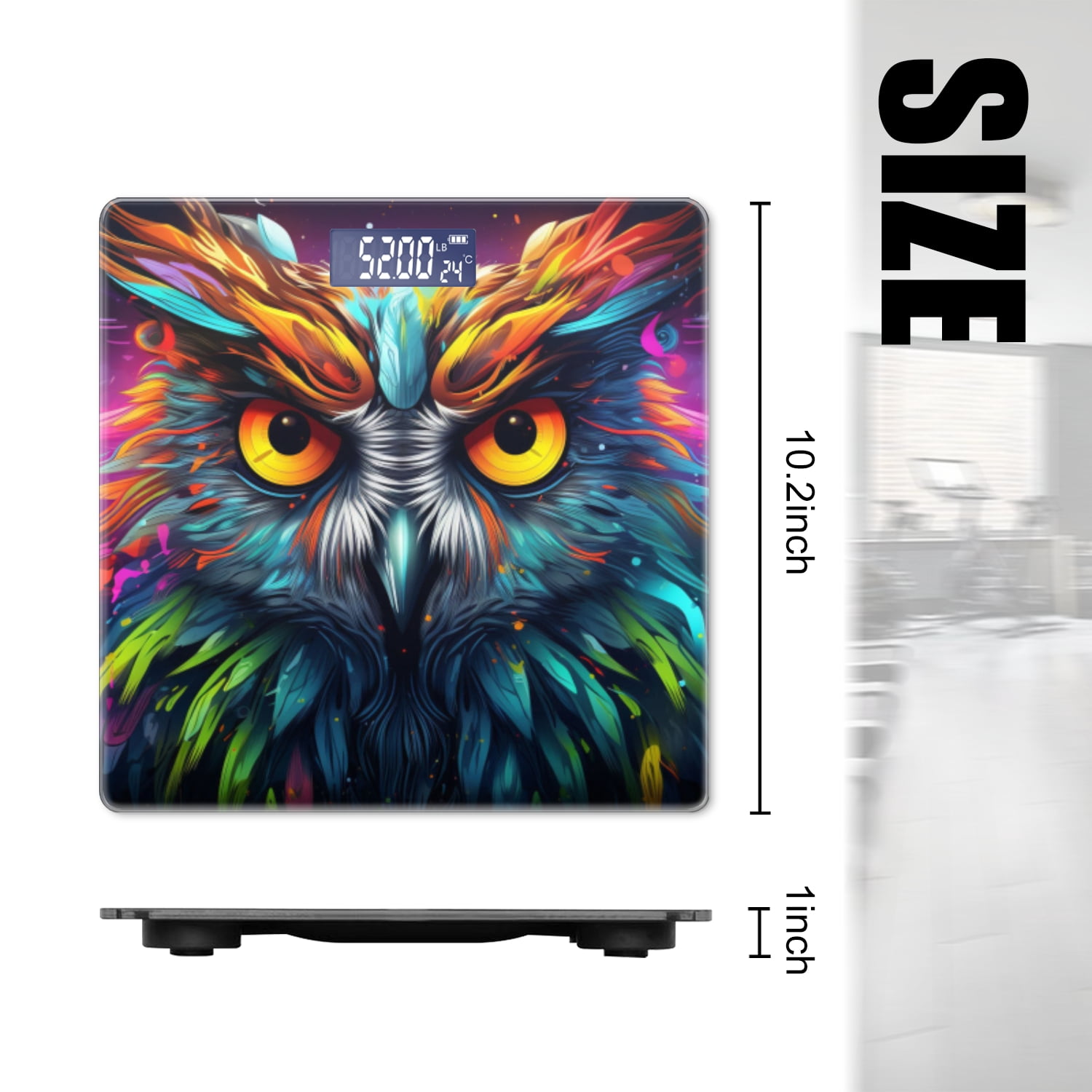 High Precision Body Weight Scale Smart Bathroom Scales with Large LCD Display(400lbs),Decorative for Bedroom-Colorful Owl Face With Glowing Eyes On Dark Background
