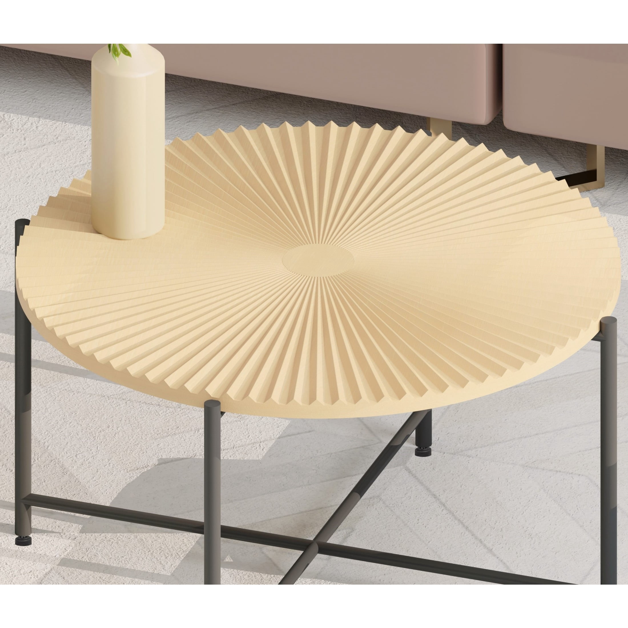 GDF Studio 2-Piece Rustic Coffee and End Table Set, Radial Pattern Tabletops, Black Metal Legs, Natural Oak