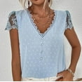 thumbnail image 2 of XFLWAM Womens Summer V Neck Lace Trim Button Tunic Tops Casual Lace Short Sleeve Swiss Dot Blouses T Shirts Light Blue S, 2 of 5