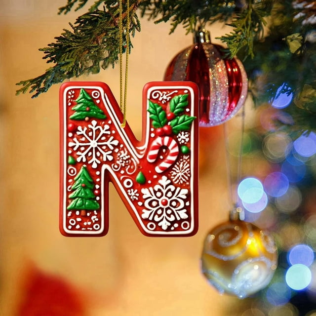 26 Pieces Red Letters Christmas Tree Decorations Candy Cane Letters With Berry Pattern Mini Alphabet Hanging Ornaments Party Home 2D Acrylic Christmas Tree Weight Ornament Stained Glass Flower Window