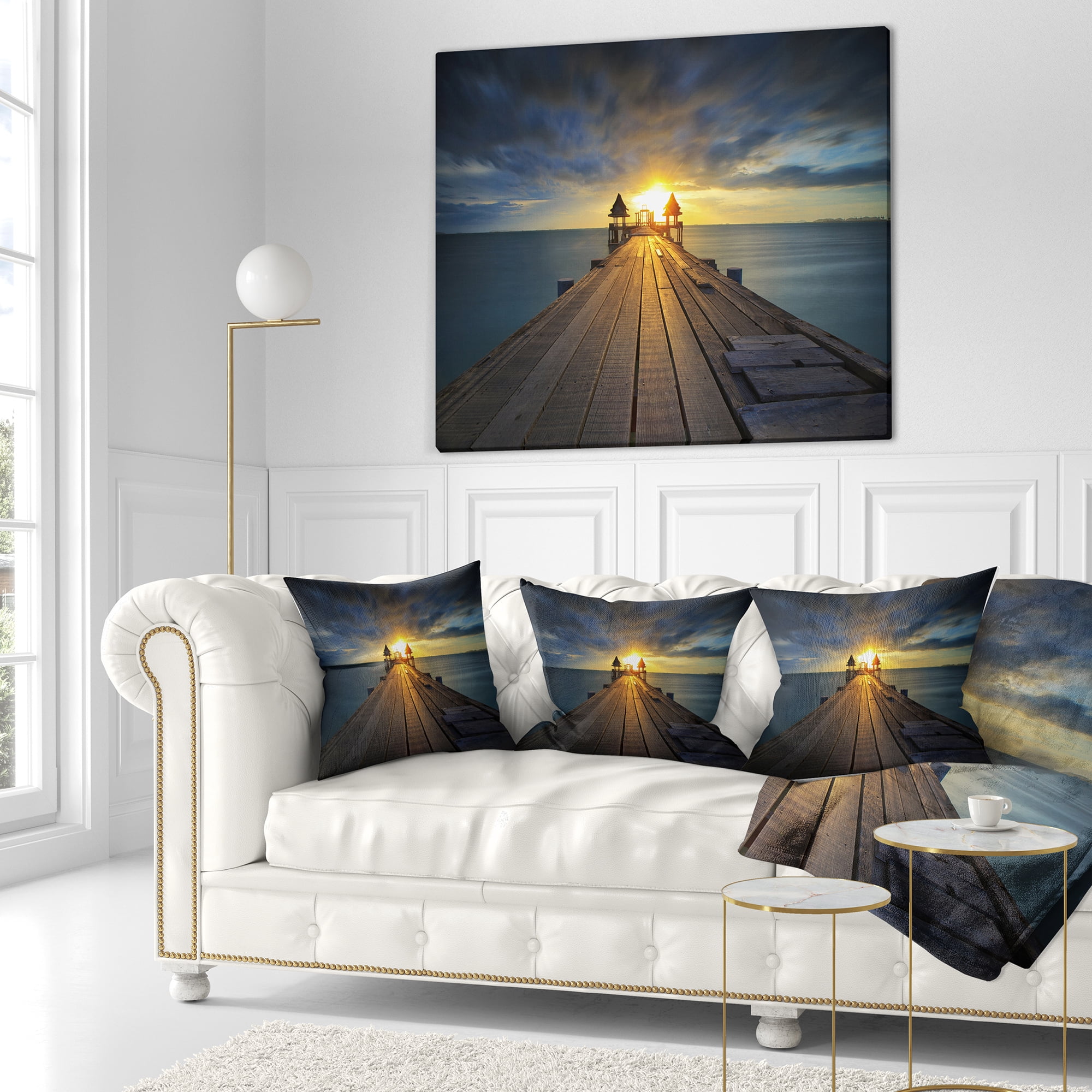Designart Illuminated Wooden Bridge in Sunlight - Pier Seascape Throw Pillow - 16x16