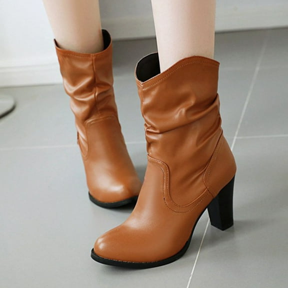 Fesfesfes Womens Black Boots Shoes Fashion Solid Color High Heels Casual Warm Wear-resistant Slip-on Fleece Cowgirl 7(39)